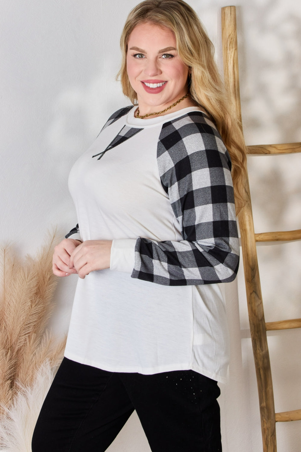 Hailey &amp; Co Full Size Plaid Raglan Sleeve Round Neck Blouse