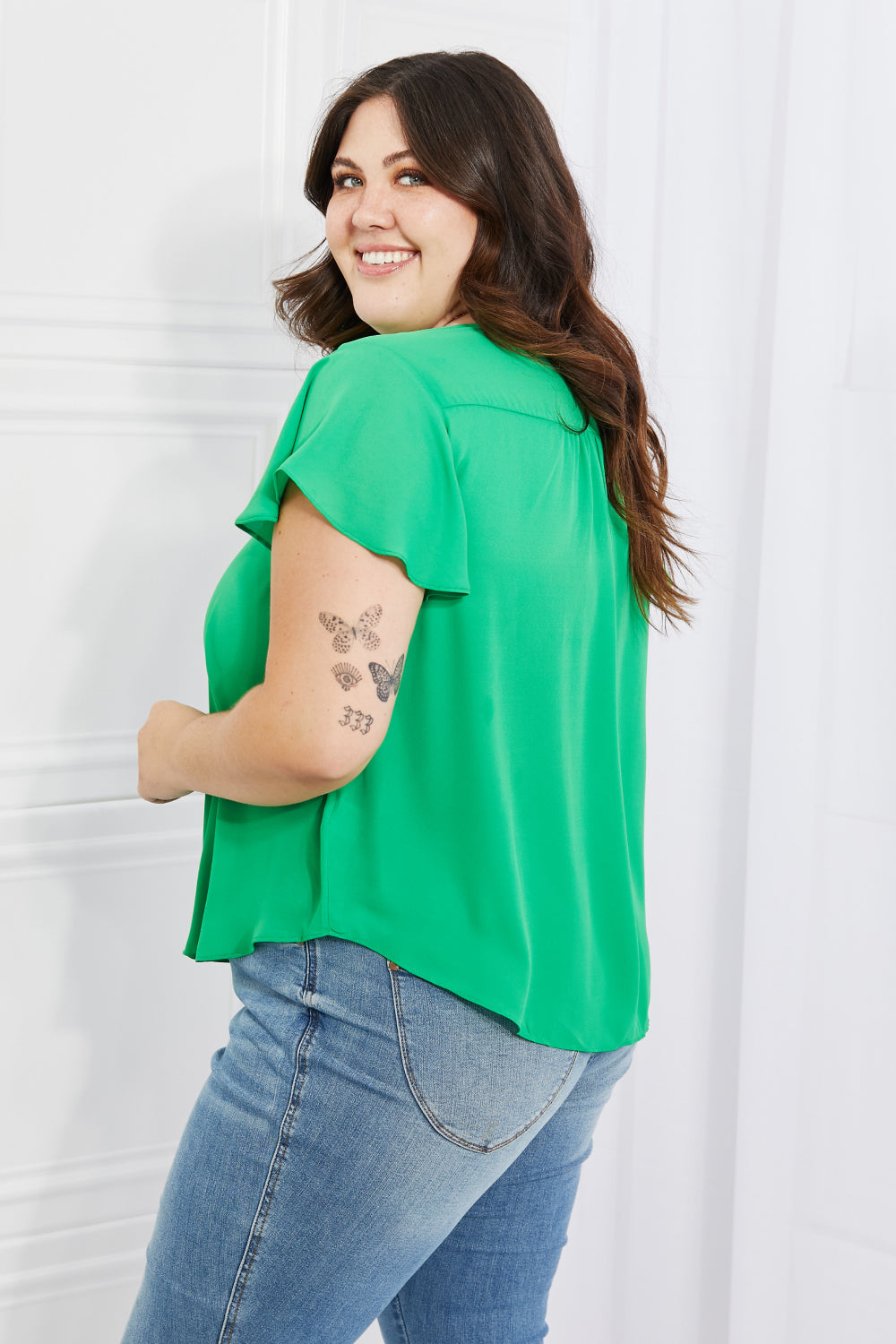 Sew In Love Just For You Full Size Short Ruffled Sleeve length Top in Green