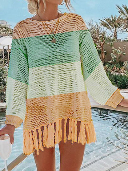 Openwork Tassel Hem Long Sleeve Knit Cover Up