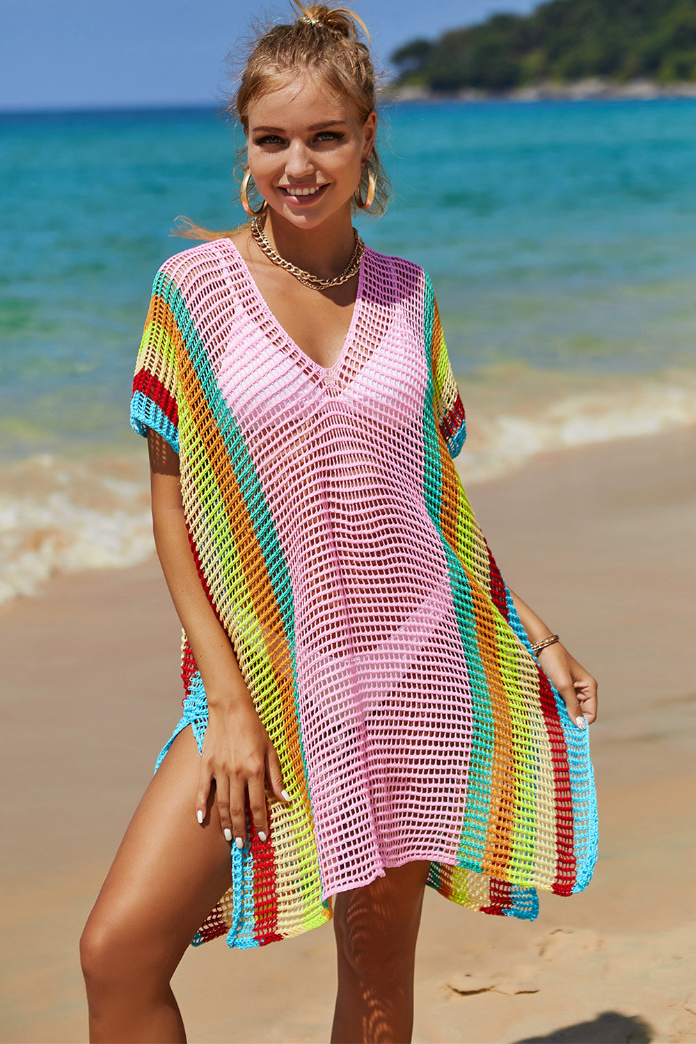 Openwork Striped Slit Knit Cover Up