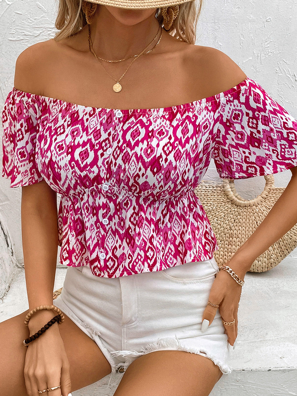 Peplum Printed Off-Shoulder Short Sleeve Blouse