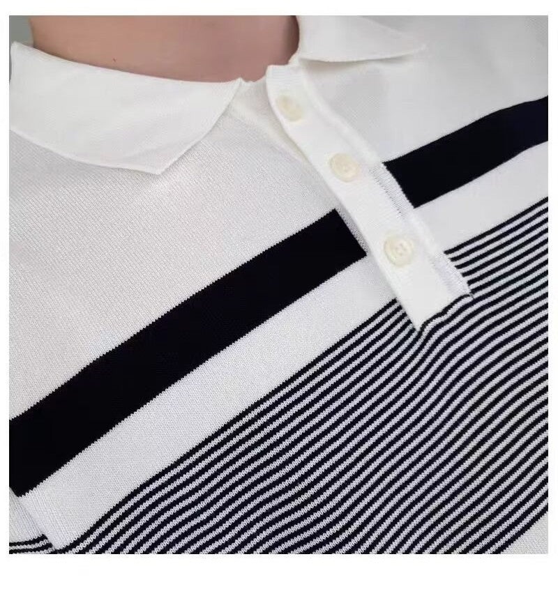 Casual Trend Striped Lapel Short Sleeve