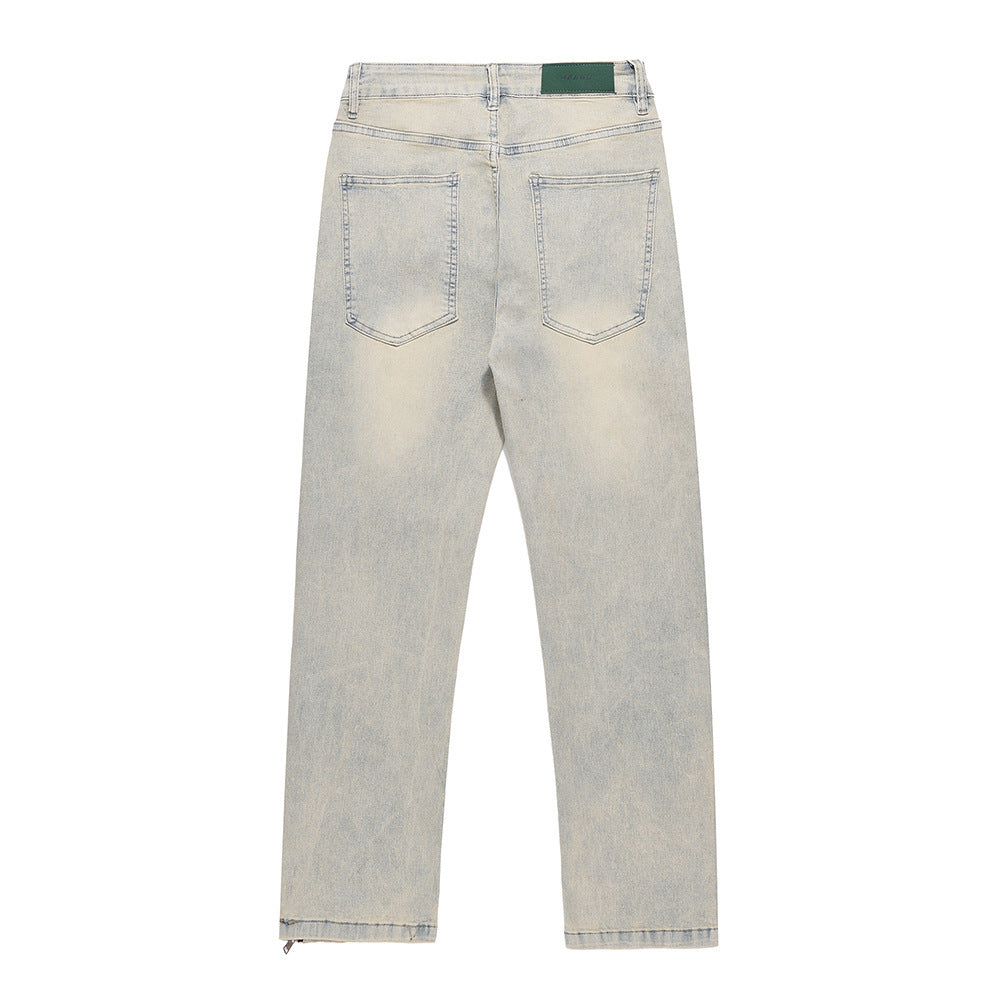 American Street Washed Distressed Straight-leg Denim Trousers