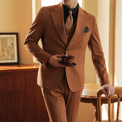 High-end Wedding Bridegroom Suit Suit Closure Collar Suit Three-piece Suit Men Caramel