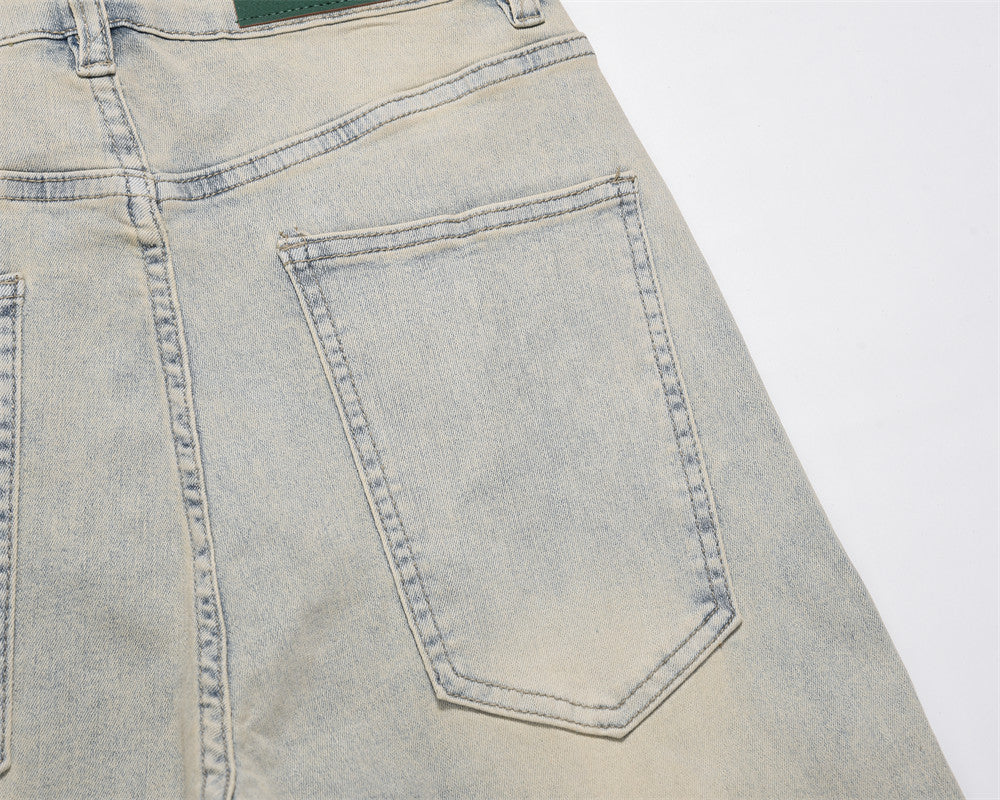 American Street Washed Distressed Straight-leg Denim Trousers