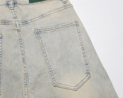 American Street Washed Distressed Straight-leg Denim Trousers