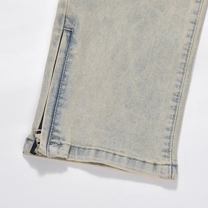 American Street Washed Distressed Straight-leg Denim Trousers