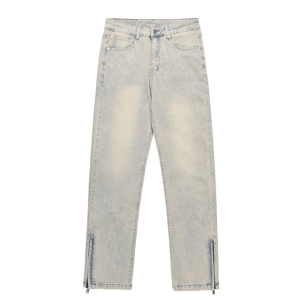 American Street Washed Distressed Straight-leg Denim Trousers