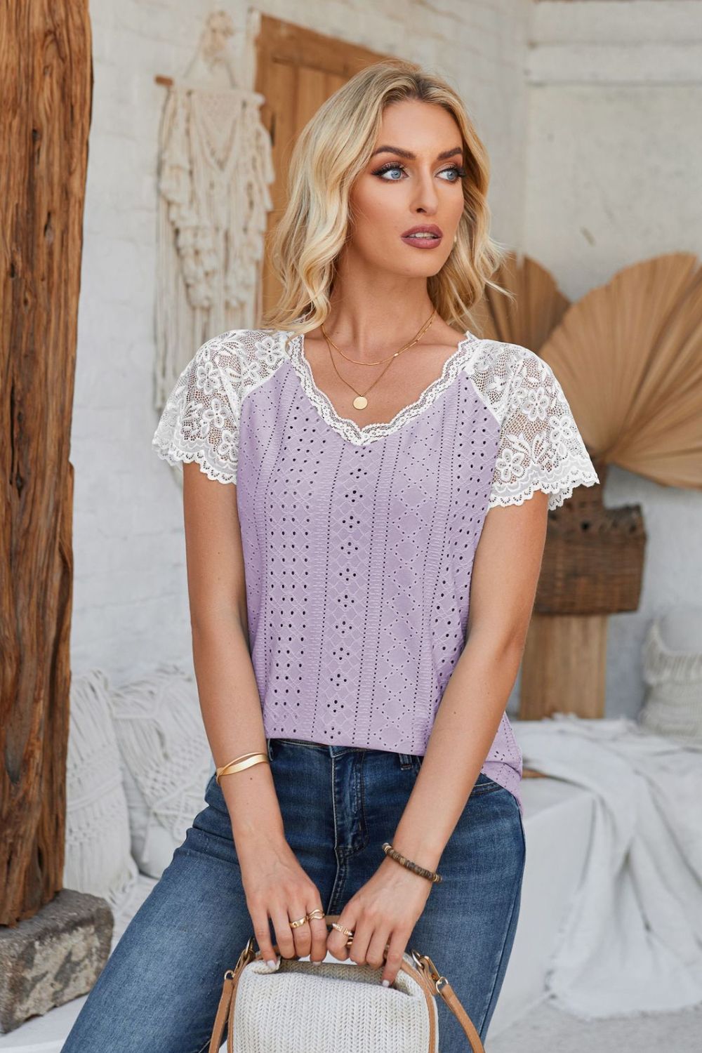 Eyelet V-Neck Lace Short Sleeve T-Shirt