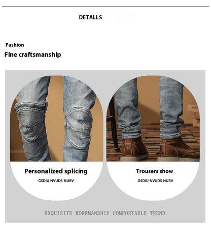 Motorcycle Jeans Korean Style Slim-fitting Ankle-tied High-end Men&