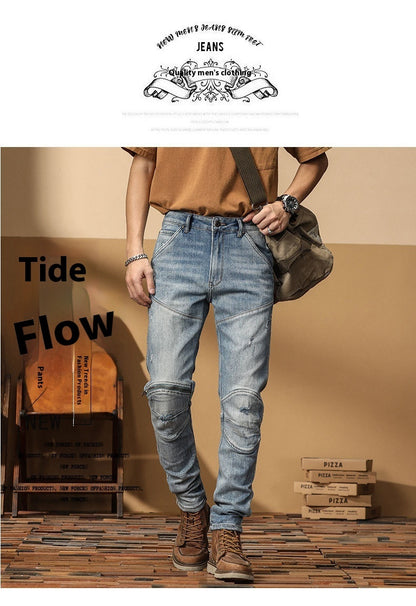 Motorcycle Jeans Korean Style Slim-fitting Ankle-tied High-end Men&