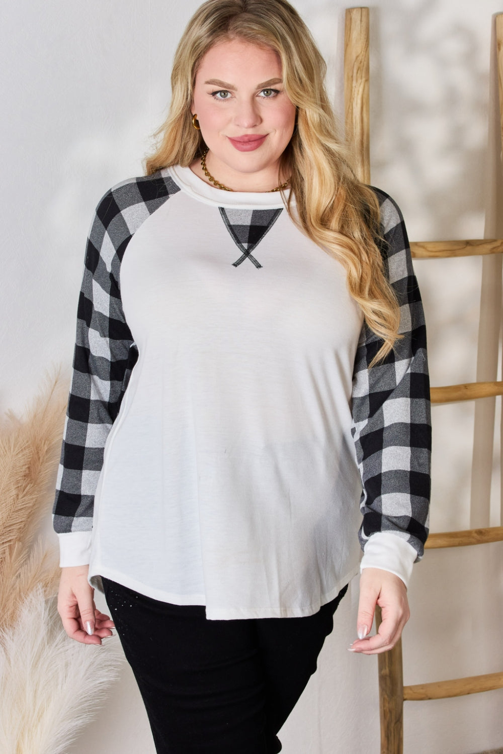 Hailey &amp; Co Full Size Plaid Raglan Sleeve Round Neck Blouse