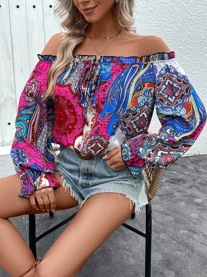 Tied Ruffled Printed Off-Shoulder Long Sleeve Blouse