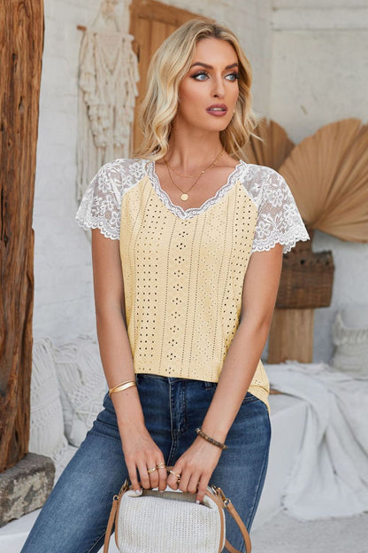 Eyelet V-Neck Lace Short Sleeve T-Shirt