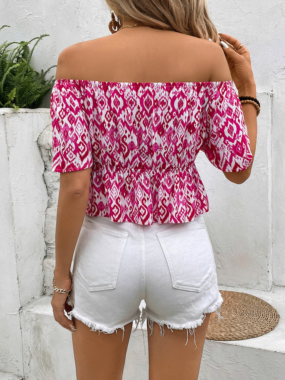 Peplum Printed Off-Shoulder Short Sleeve Blouse