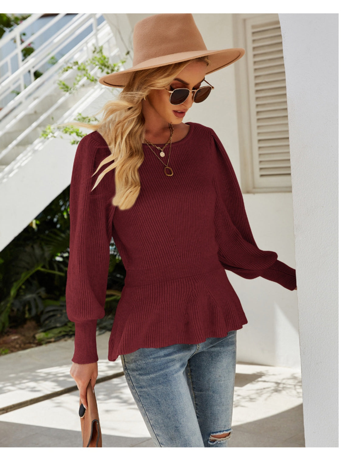 Ribbed Round Neck Lantern Sleeve Sweater