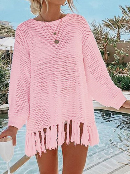 Openwork Tassel Hem Long Sleeve Knit Cover Up