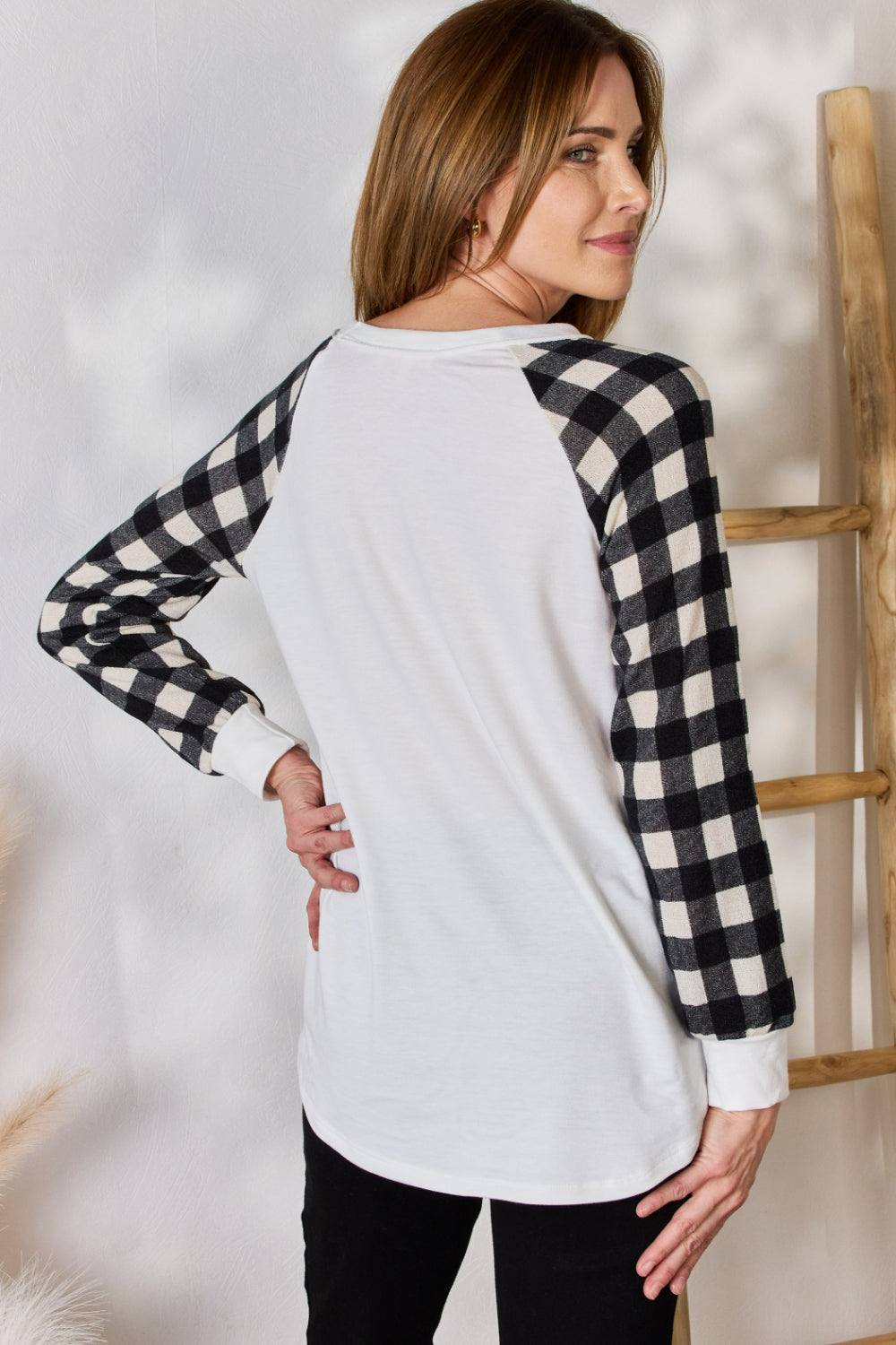 Hailey &amp; Co Full Size Plaid Raglan Sleeve Round Neck Blouse