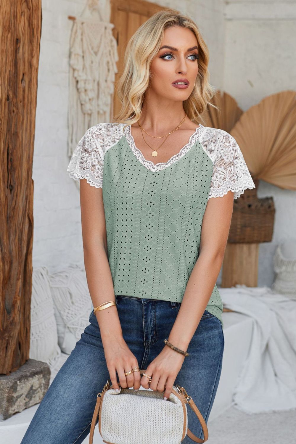 Eyelet V-Neck Lace Short Sleeve T-Shirt