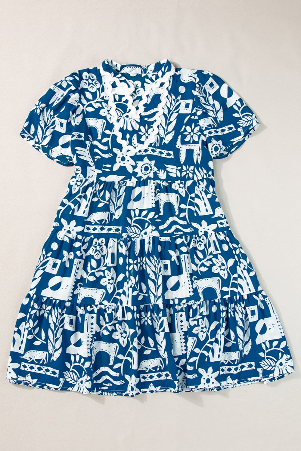 Printed Notched Short Sleeve Mini Dress