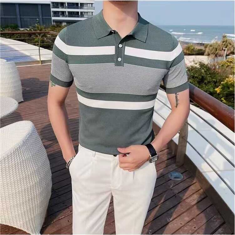 Casual Trend Striped Lapel Short Sleeve